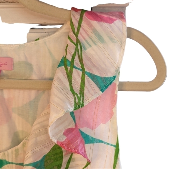 Lilly Pulitzer COTTON Ruffled Flirty Pink Green Floral Print Sleeveless Blouse S - Picture 8 of 15